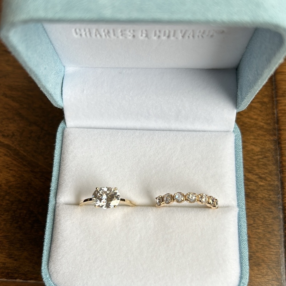 Charles & Colvard Forever One Moissanite Engagement Ring and Milgrain Band